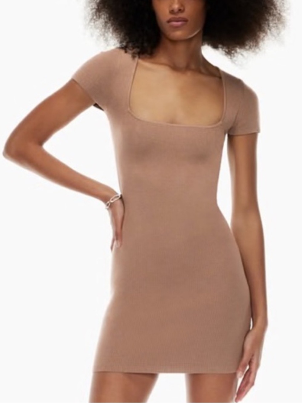 ARITZIA Babaton Ribbed Square-Neck Mini Dress - Taupe Brown